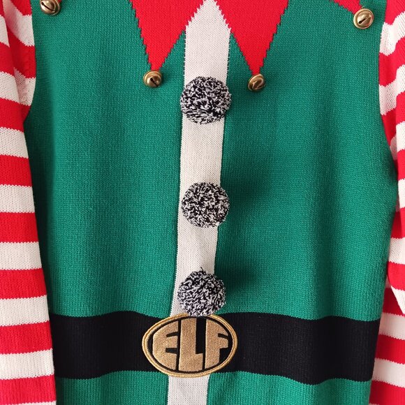 Christmas Elf Women's Pullover Sweater Bells Pom Poms Red Green Size Small - Picture 2 of 8